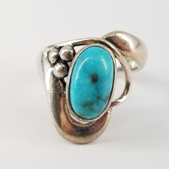 Navajo Jewelry - Navaho Sterling Silver Oval Turquoise Ball Bead Wave Ring 6.5 / 6.4g VINTAGE